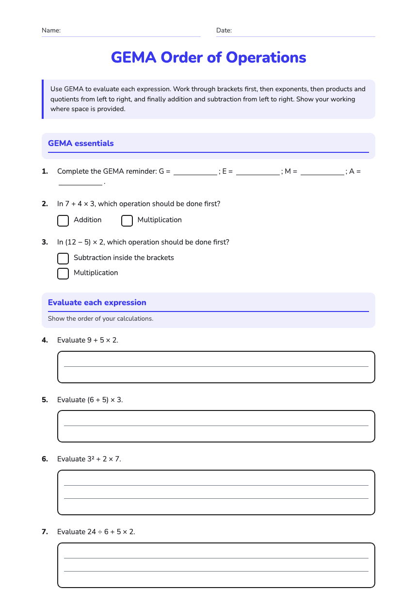 GEMA Order of Operations worksheet preview