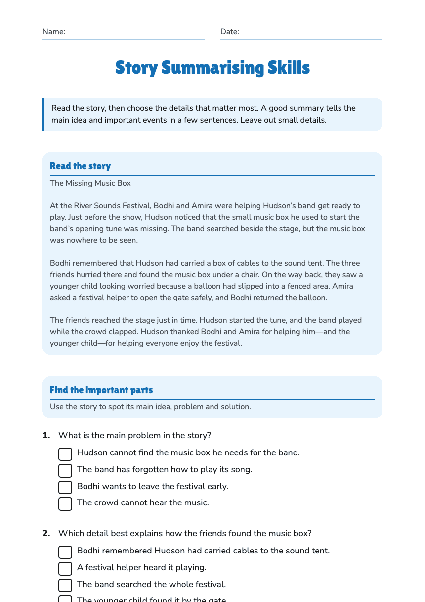 Story Summarising Skills worksheet preview
