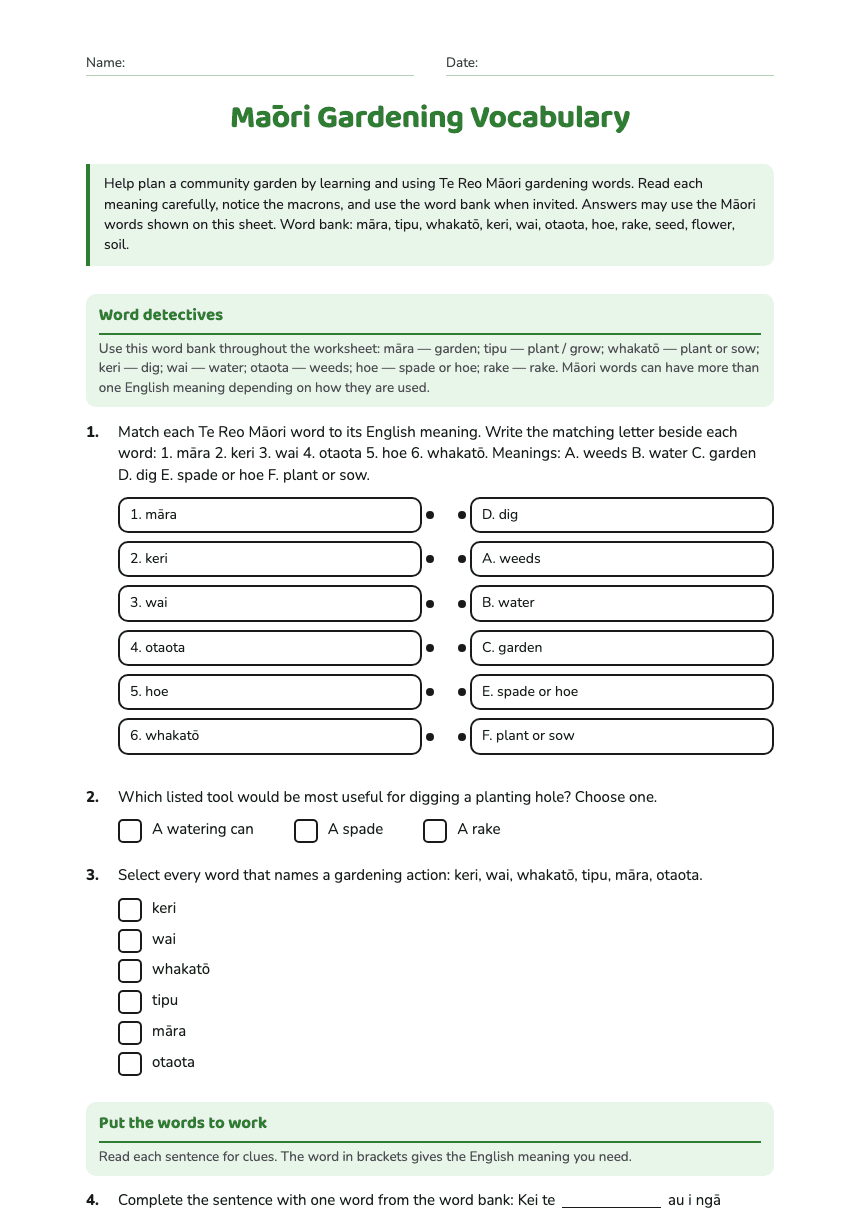 Māori Gardening Vocabulary worksheet preview