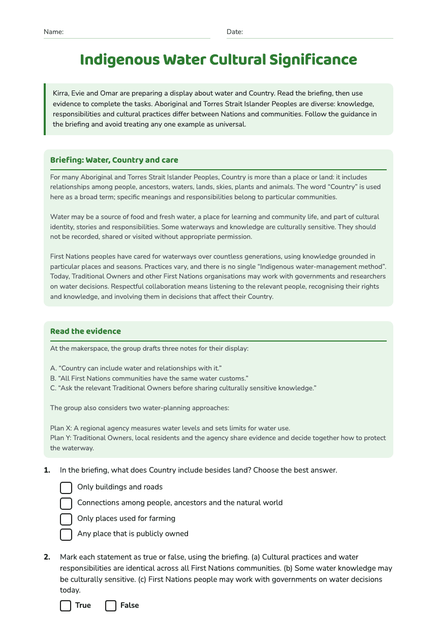 Indigenous Water Cultural Significance worksheet preview