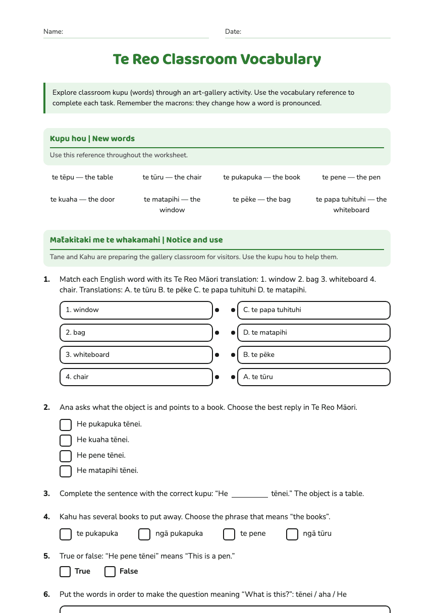 Te Reo Classroom Vocabulary worksheet preview