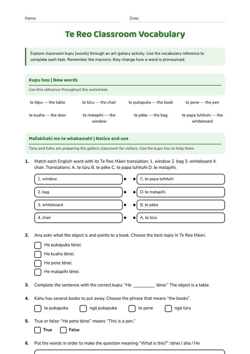 Te Reo Classroom Vocabulary