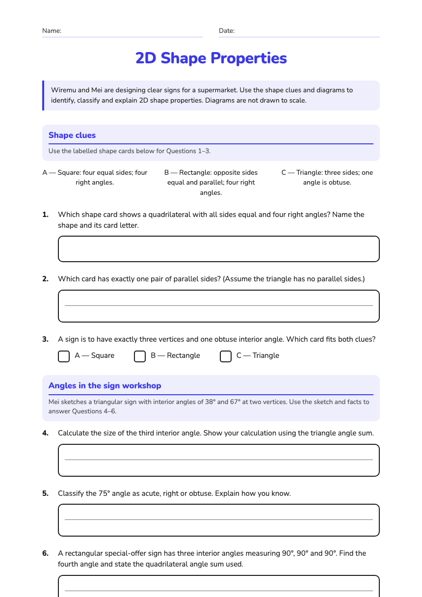 2D Shape Properties worksheet preview