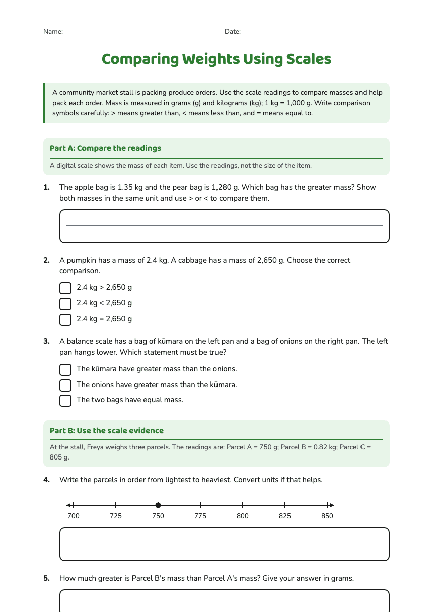 Comparing Weights Using Scales worksheet preview