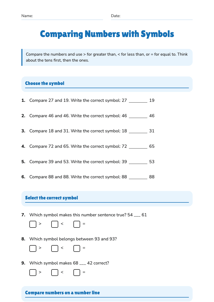 Comparing Numbers with Symbols worksheet preview