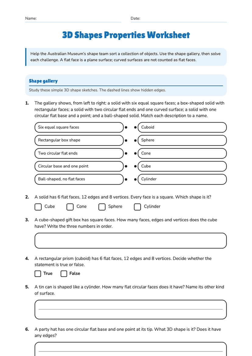3D Shapes Properties Worksheet