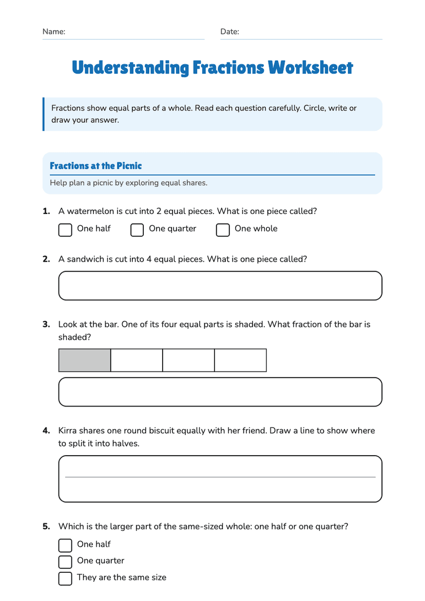 Understanding Fractions Worksheet