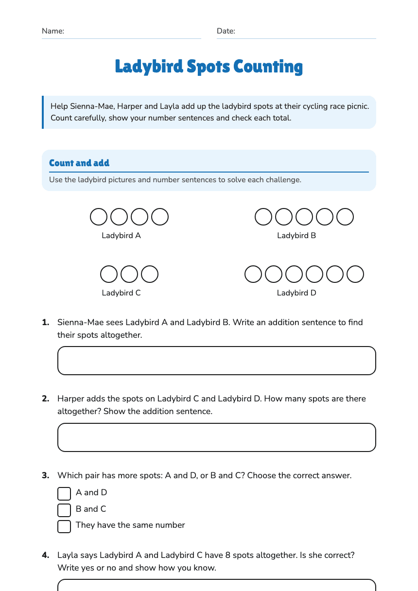 Ladybird Spots Counting worksheet preview