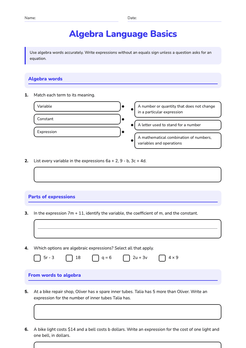 Algebra Language Basics worksheet preview