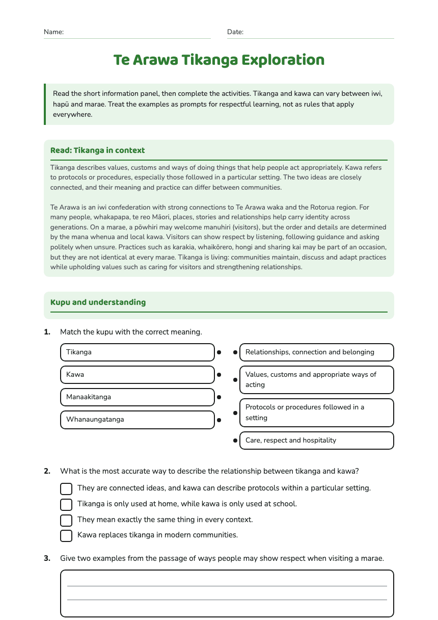 Te Arawa Tikanga Exploration worksheet preview