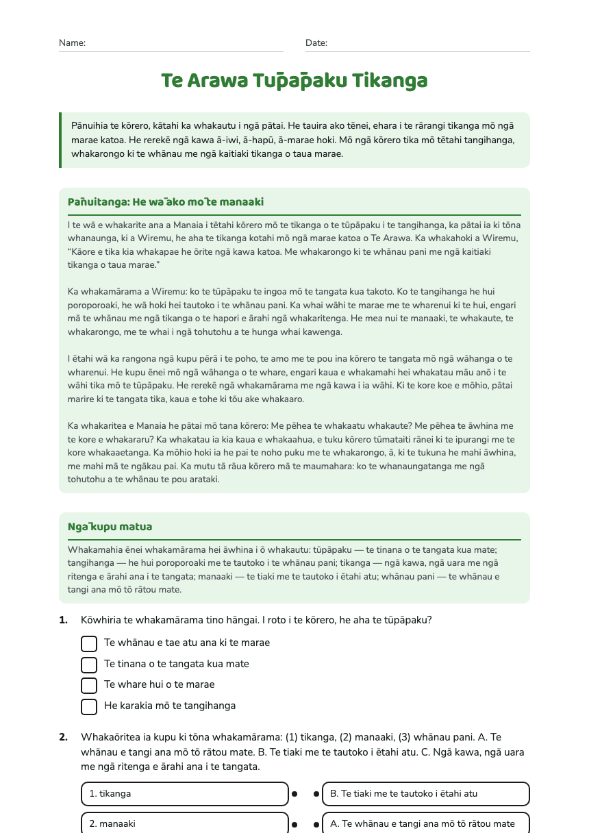 Te Arawa Tūpāpaku Tikanga worksheet preview