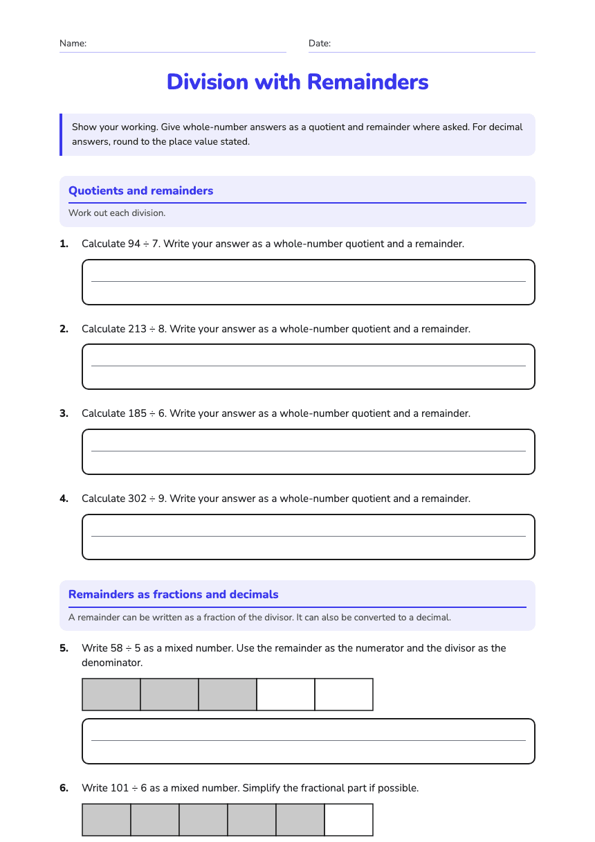 Division with Remainders worksheet preview