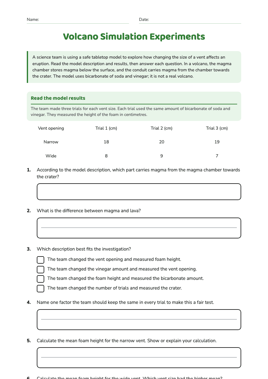 Volcano Simulation Experiments worksheet preview