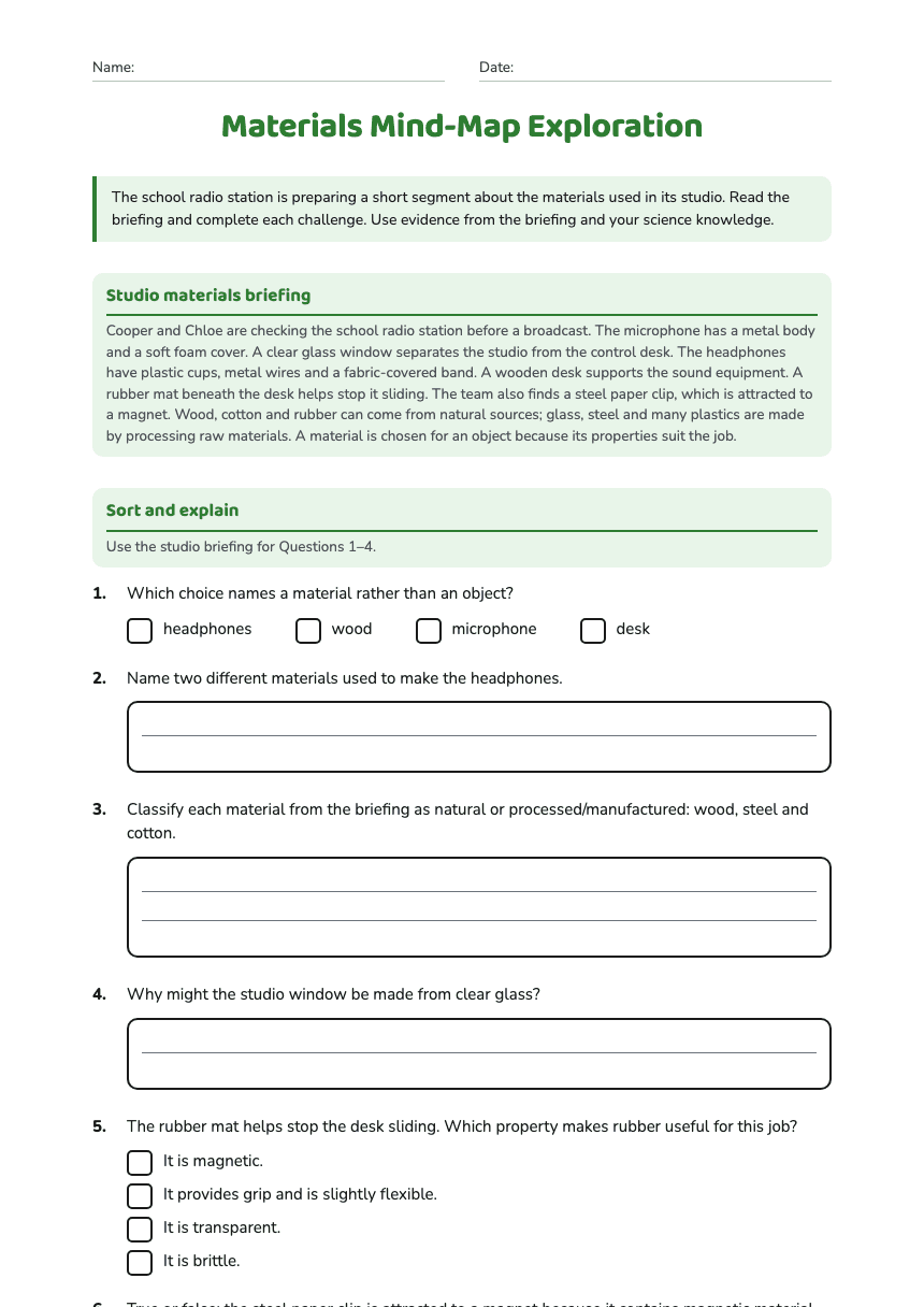 Materials Mind-Map Exploration worksheet preview