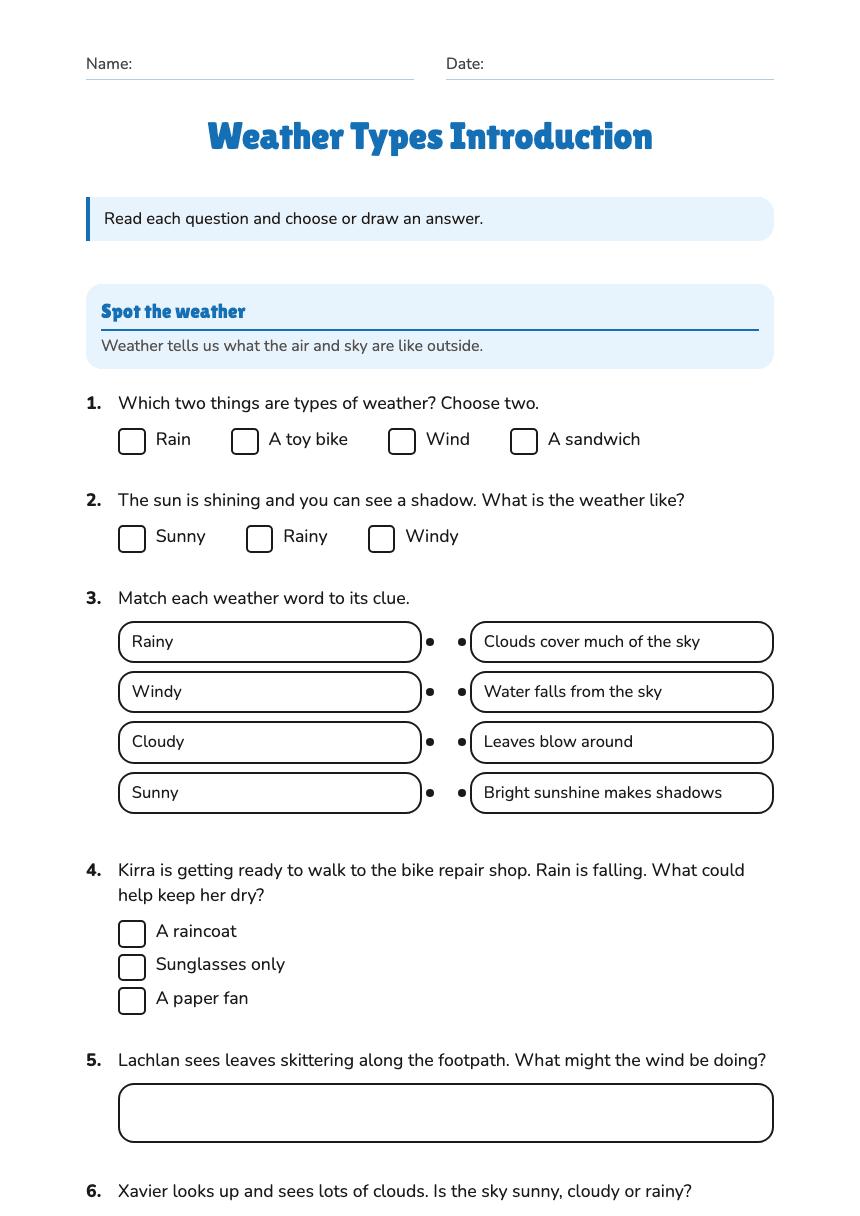 Weather Types Introduction worksheet preview