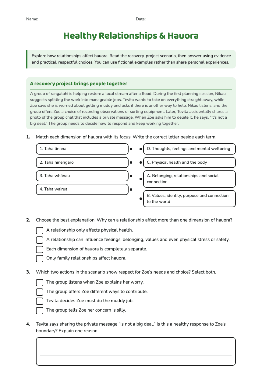 Healthy Relationships & Hauora worksheet preview