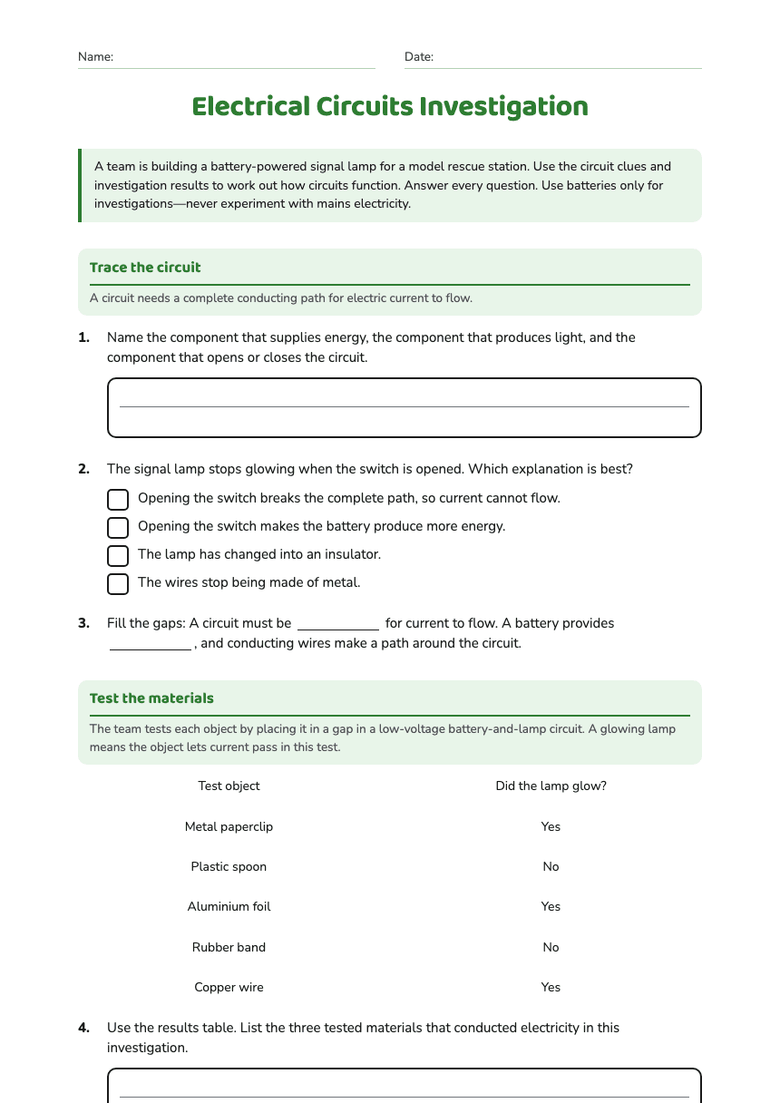 Electrical Circuits Investigation worksheet preview