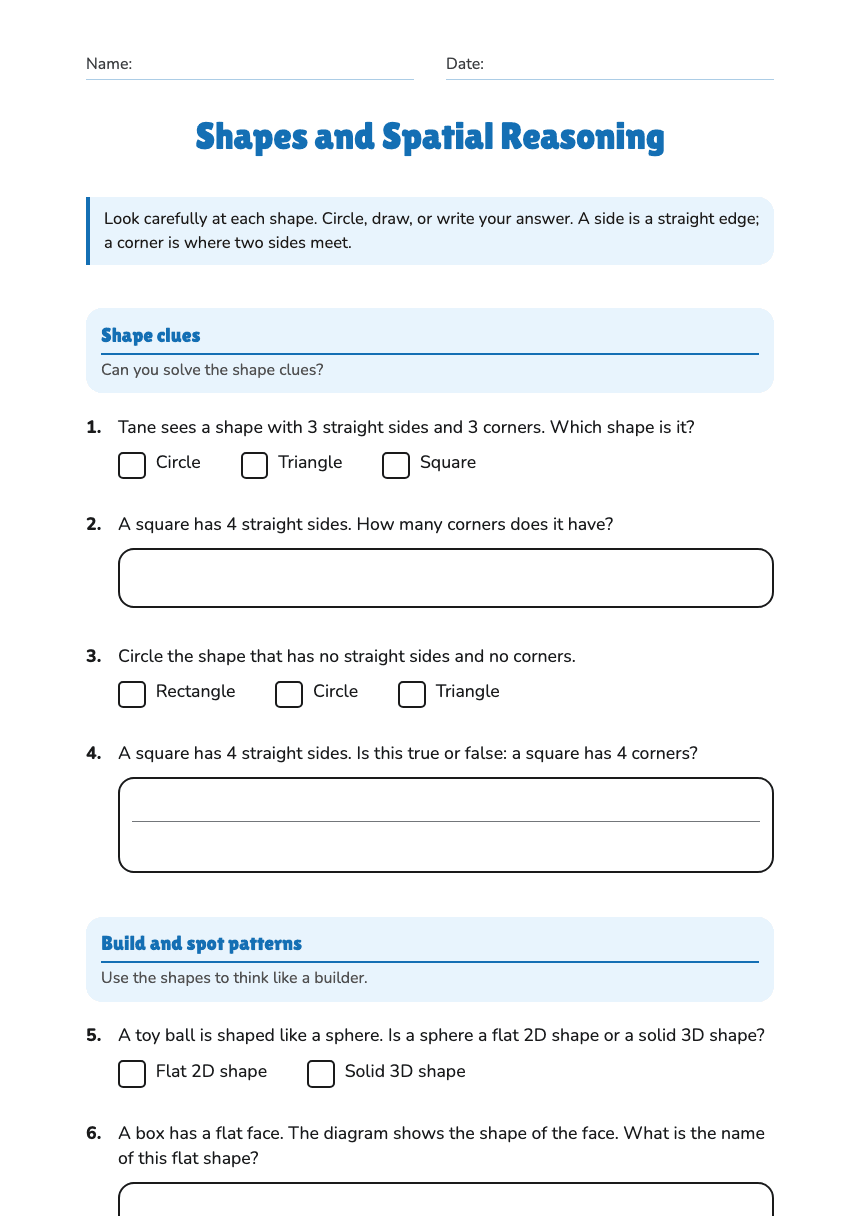 Shapes and Spatial Reasoning worksheet preview