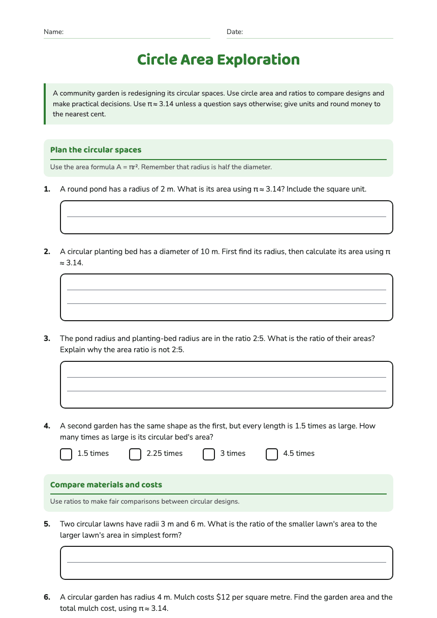 Circle Area Exploration worksheet preview