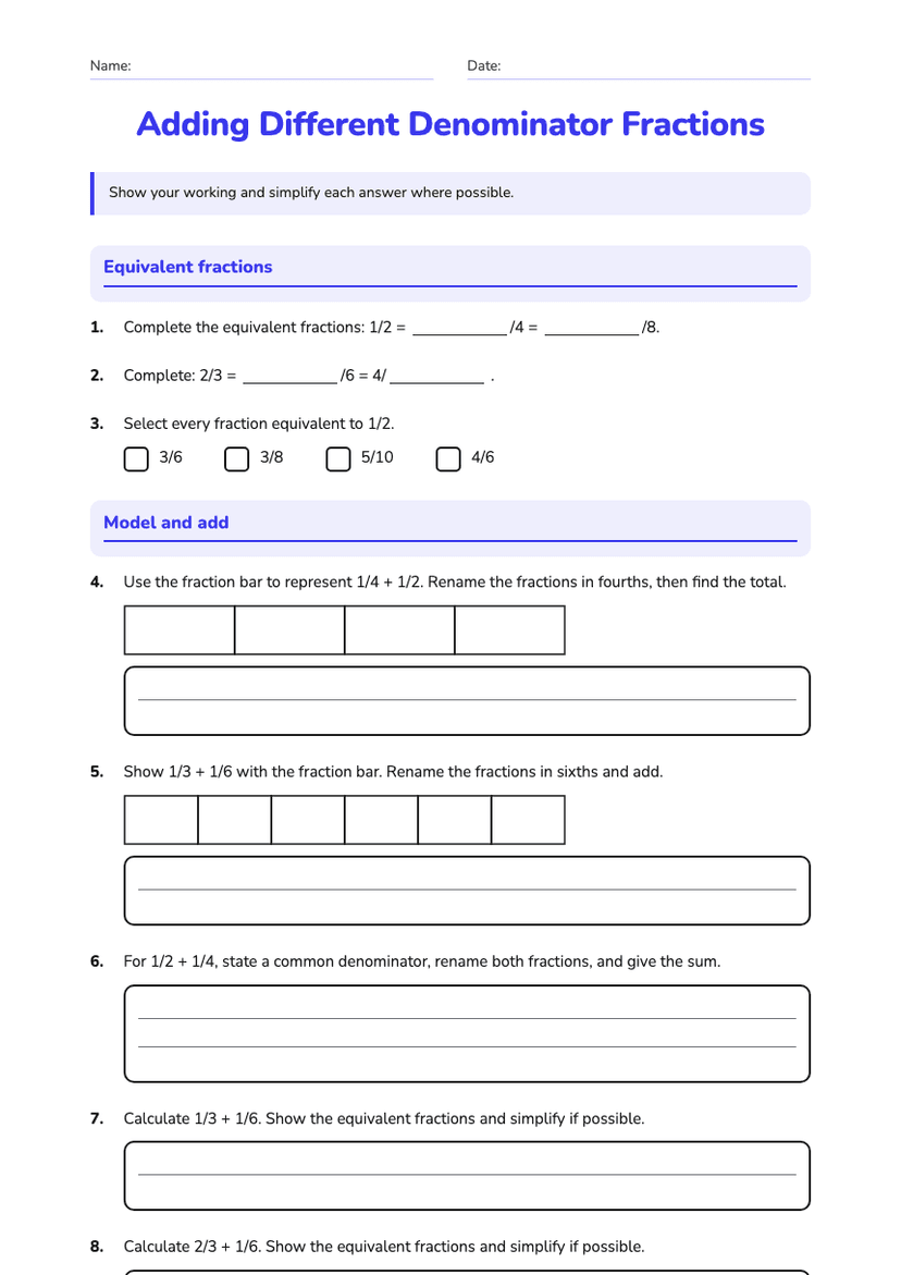 Adding Different Denominator Fractions
