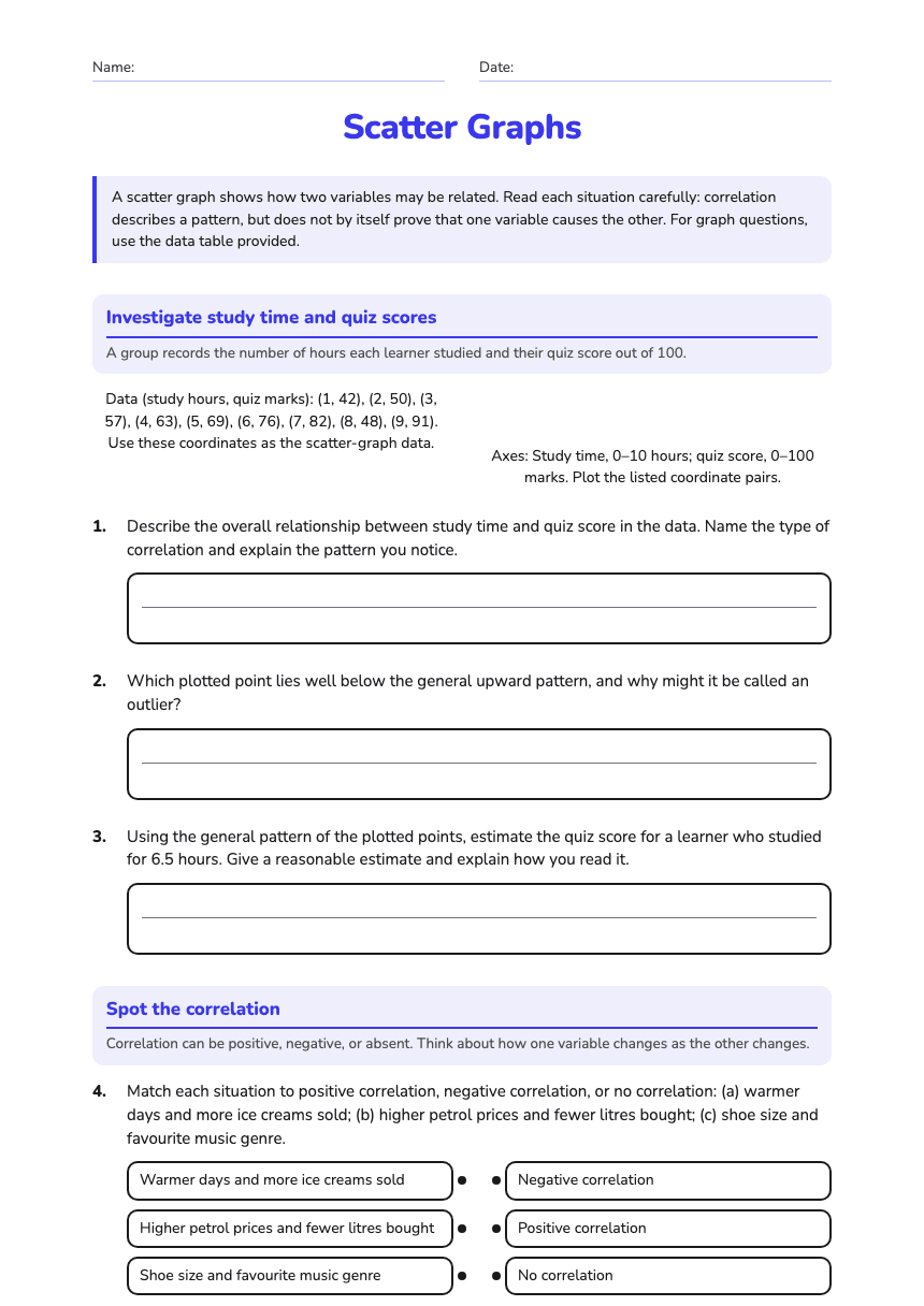 Scatter Graphs worksheet preview