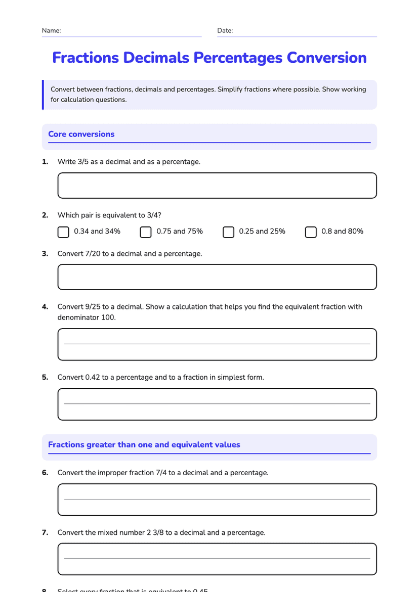 Fractions Decimals Percentages Conversion