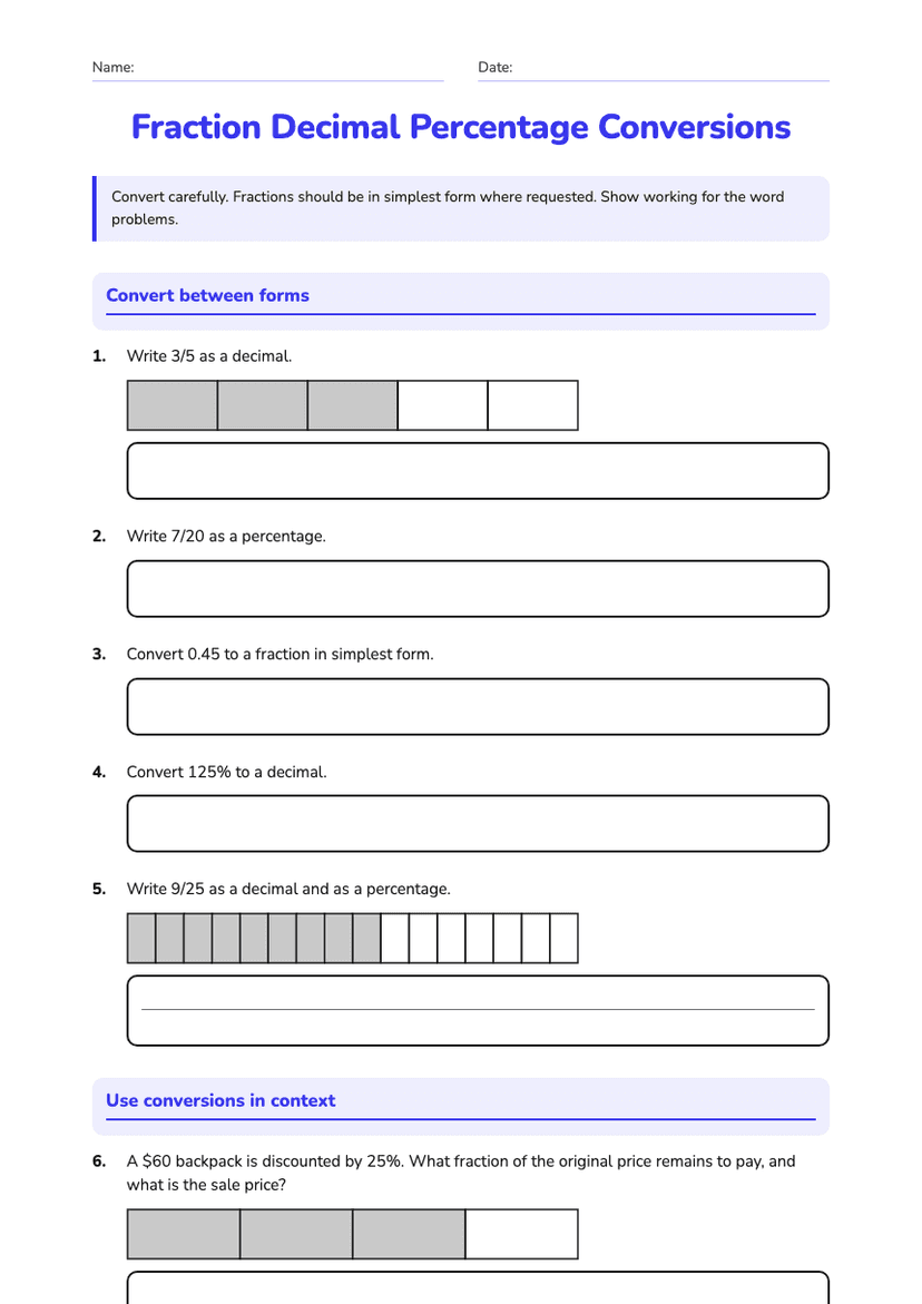 Fraction Decimal Percentage Conversions