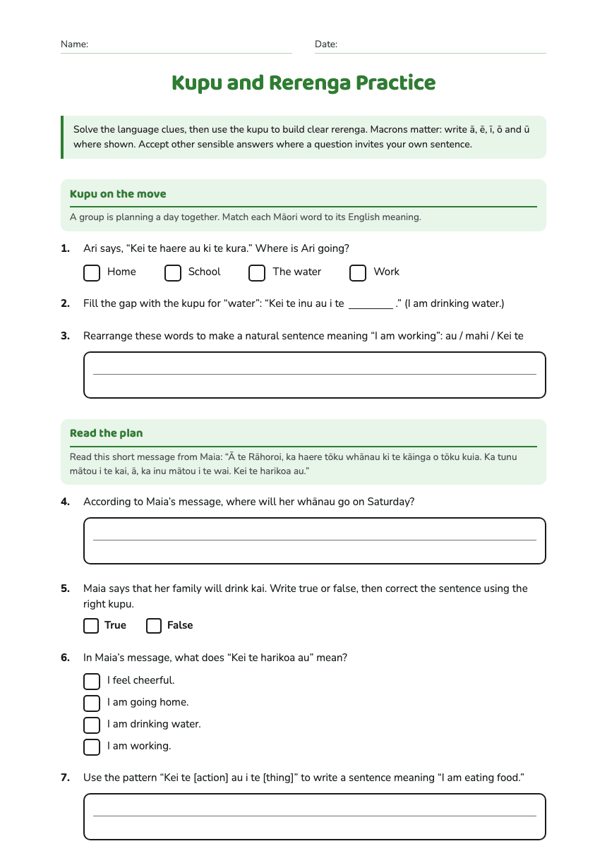 Kupu and Rerenga Practice worksheet preview