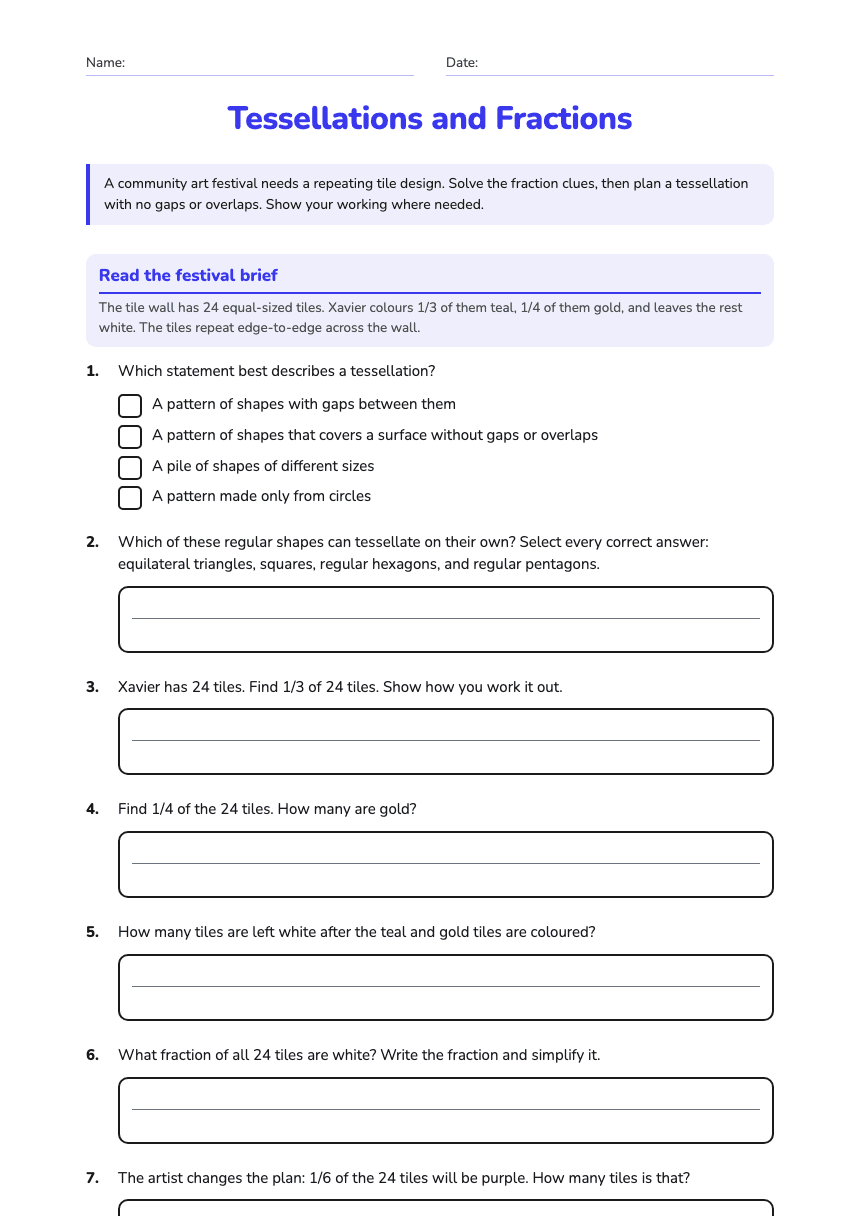 Tessellations and Fractions worksheet preview