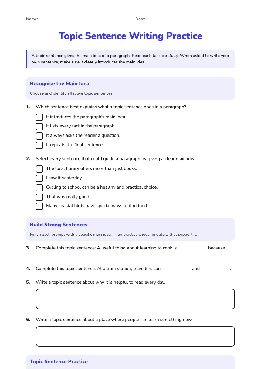 Topic Sentence Writing Practice worksheet preview