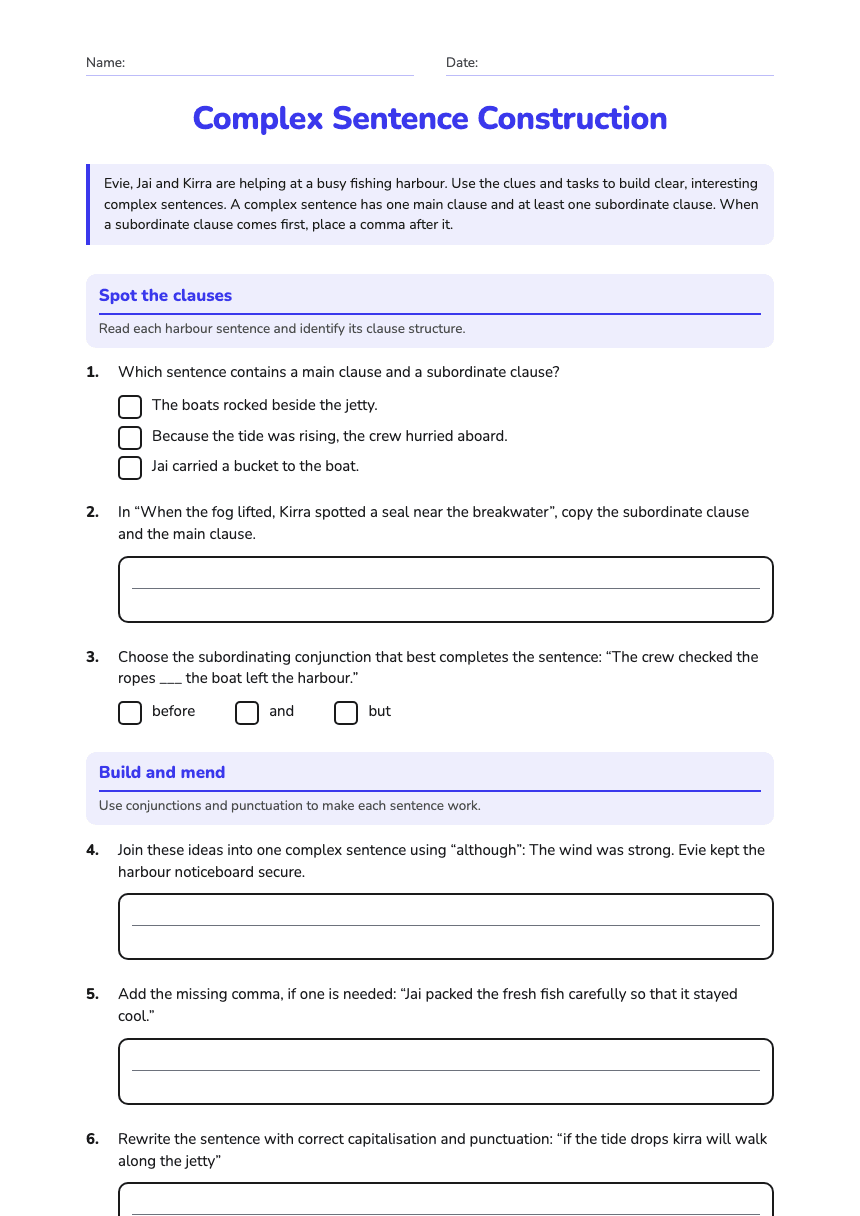 Complex Sentence Construction worksheet preview