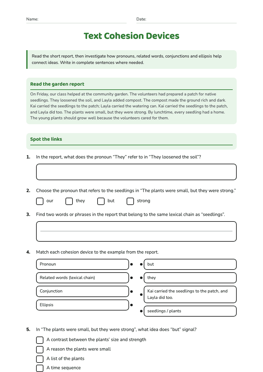 Text Cohesion Devices worksheet preview