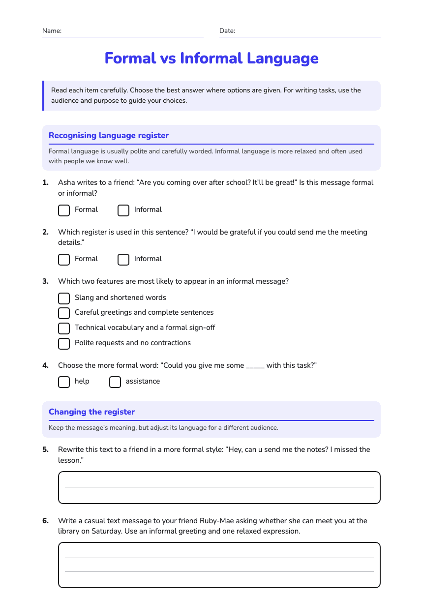 Formal vs Informal Language worksheet preview