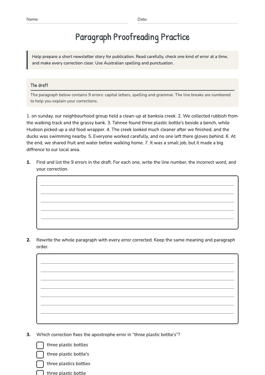 Paragraph Proofreading Practice worksheet preview