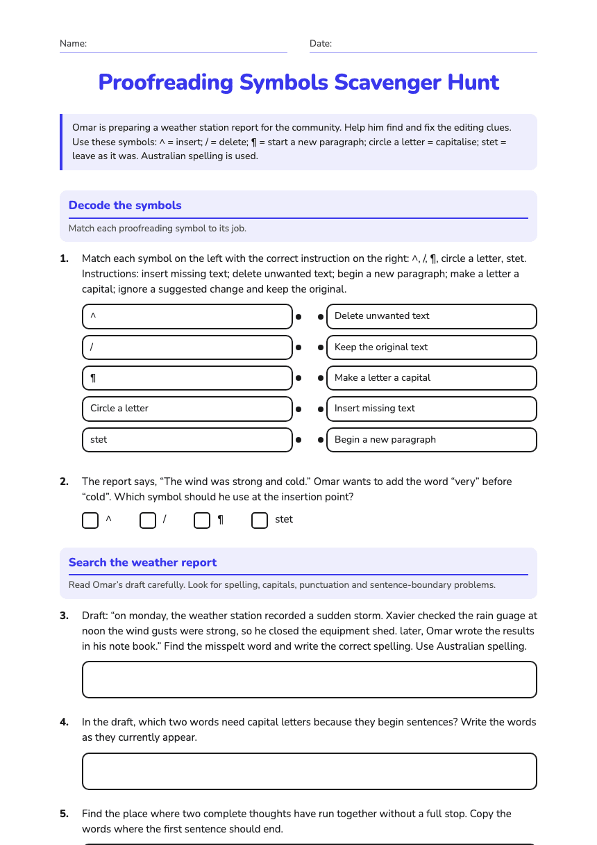 Proofreading Symbols Scavenger Hunt worksheet preview
