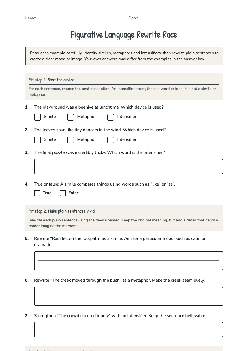 Figurative Language Rewrite Race worksheet preview