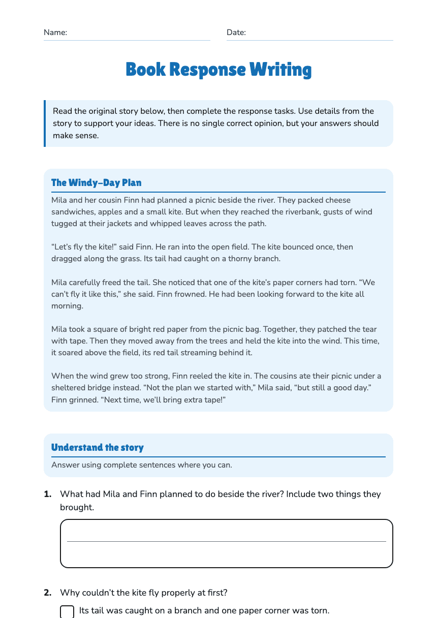 Book Response Writing worksheet preview