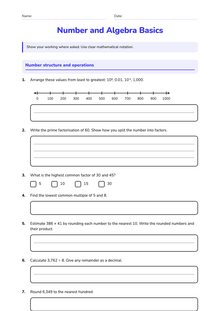 Number and Algebra Basics worksheet preview