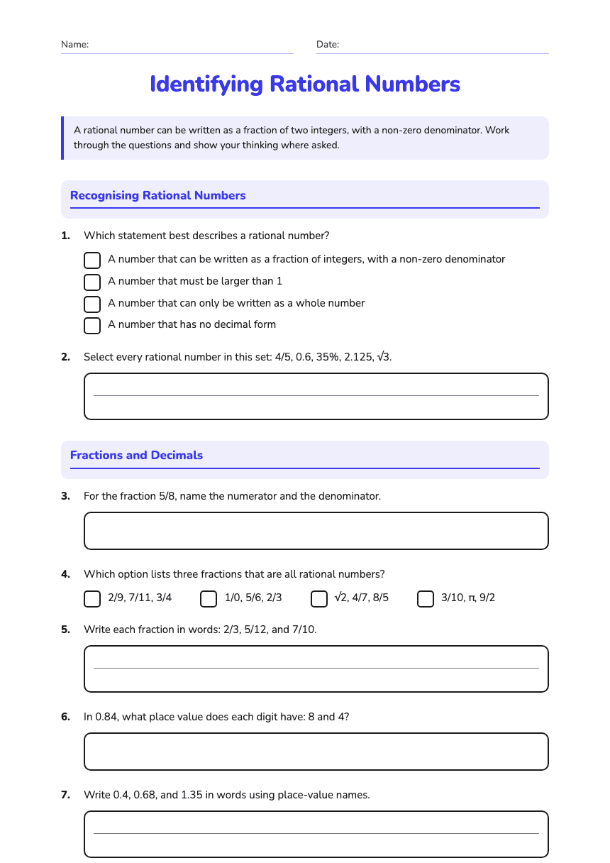 Identifying Rational Numbers worksheet preview