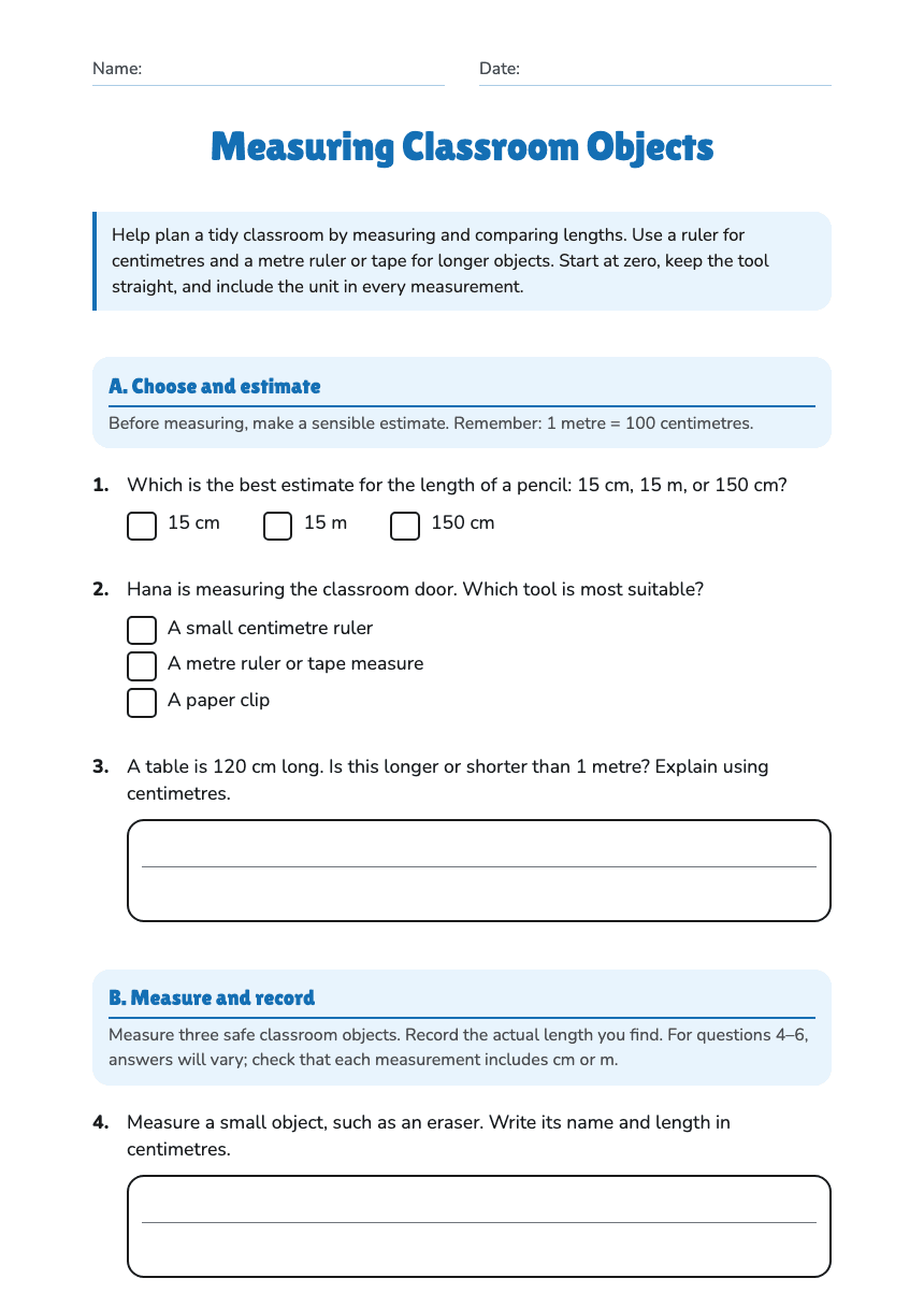 Measuring Classroom Objects worksheet preview