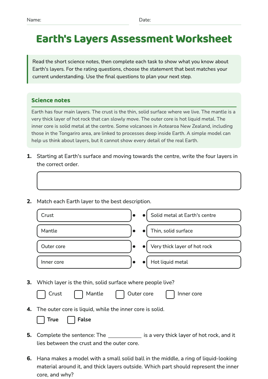 Earth's Layers Assessment Worksheet worksheet preview
