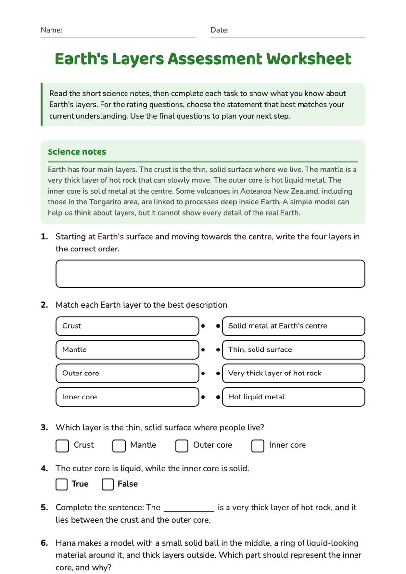 Earth's Layers Assessment Worksheet