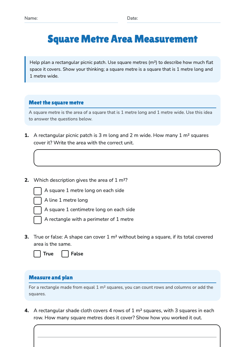 Square Metre Area Measurement worksheet preview