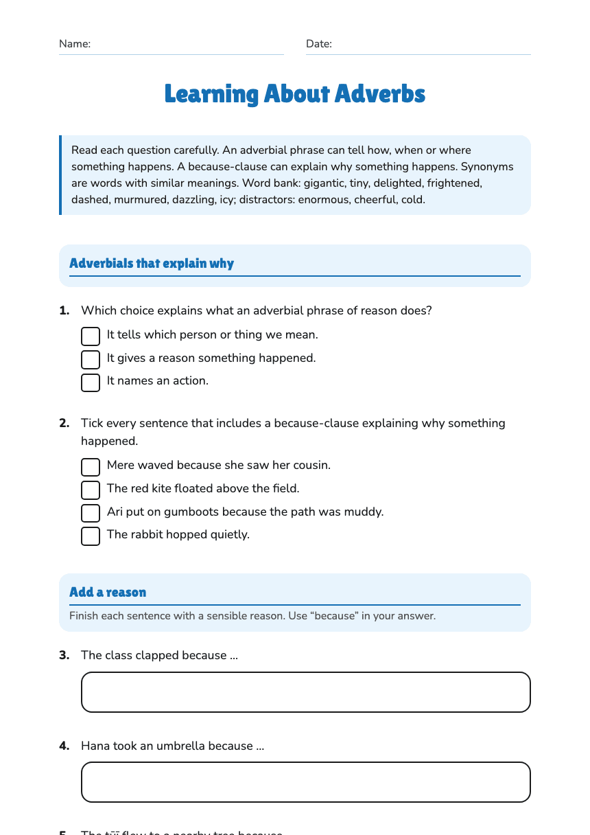 Learning About Adverbs worksheet preview