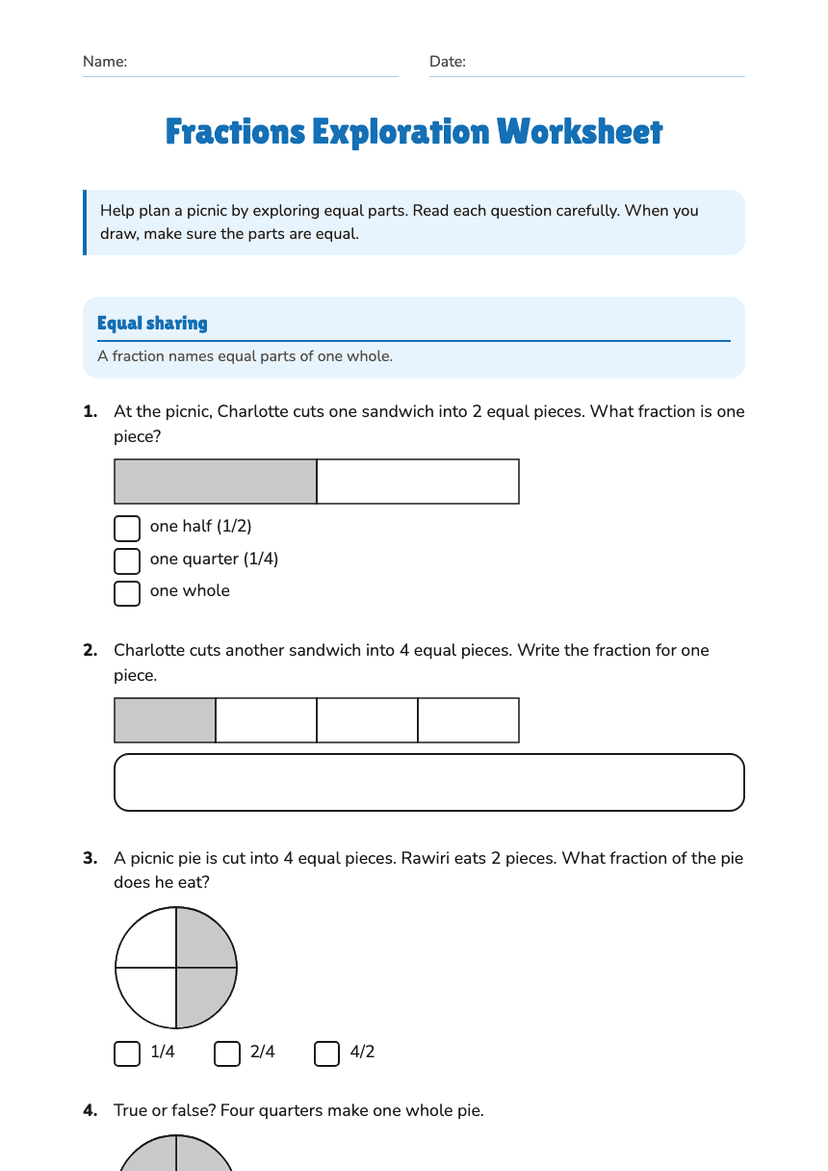 Fractions Exploration Worksheet