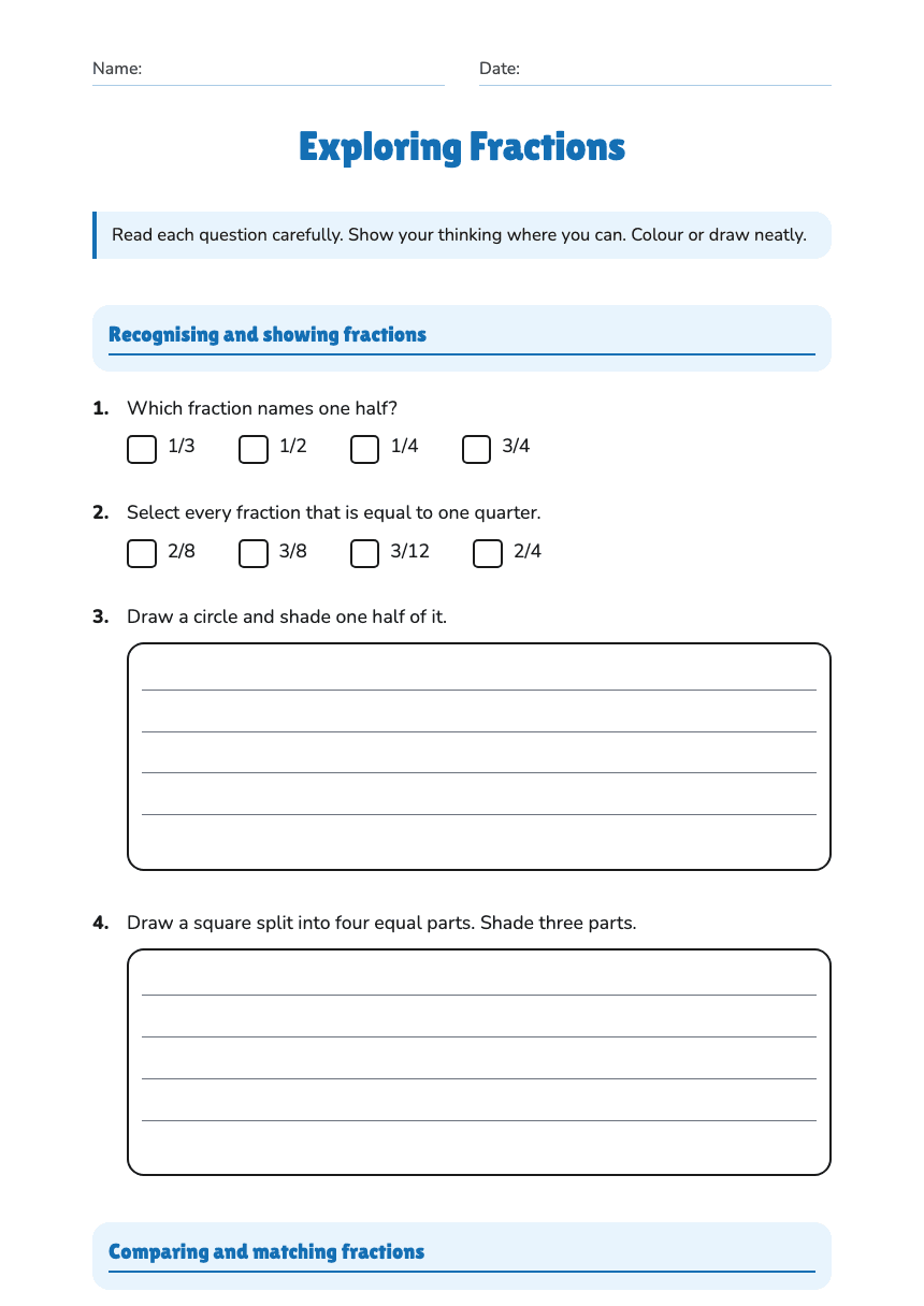 Exploring Fractions worksheet preview