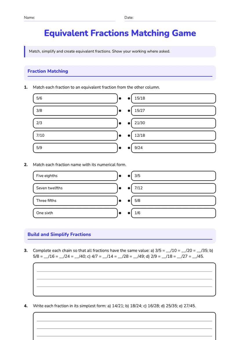 Equivalent Fractions Matching Game