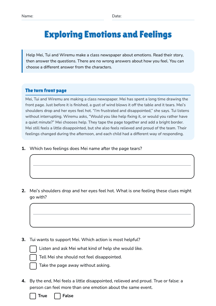 Exploring Emotions and Feelings worksheet preview