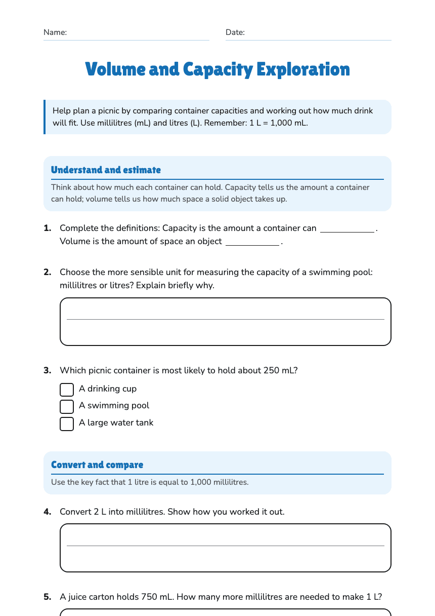 Volume and Capacity Exploration worksheet preview
