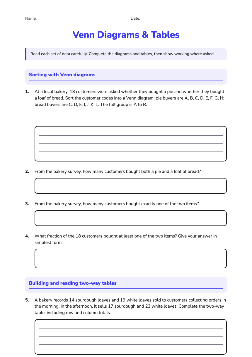 Venn Diagrams & Tables worksheet preview